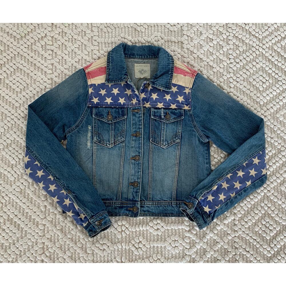Brave Soul Denim American Flag Patriotic Jean Jacket Girls Size 12 Large
